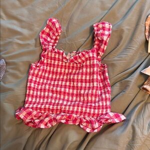 Pink and White Checkered Ruffle Top